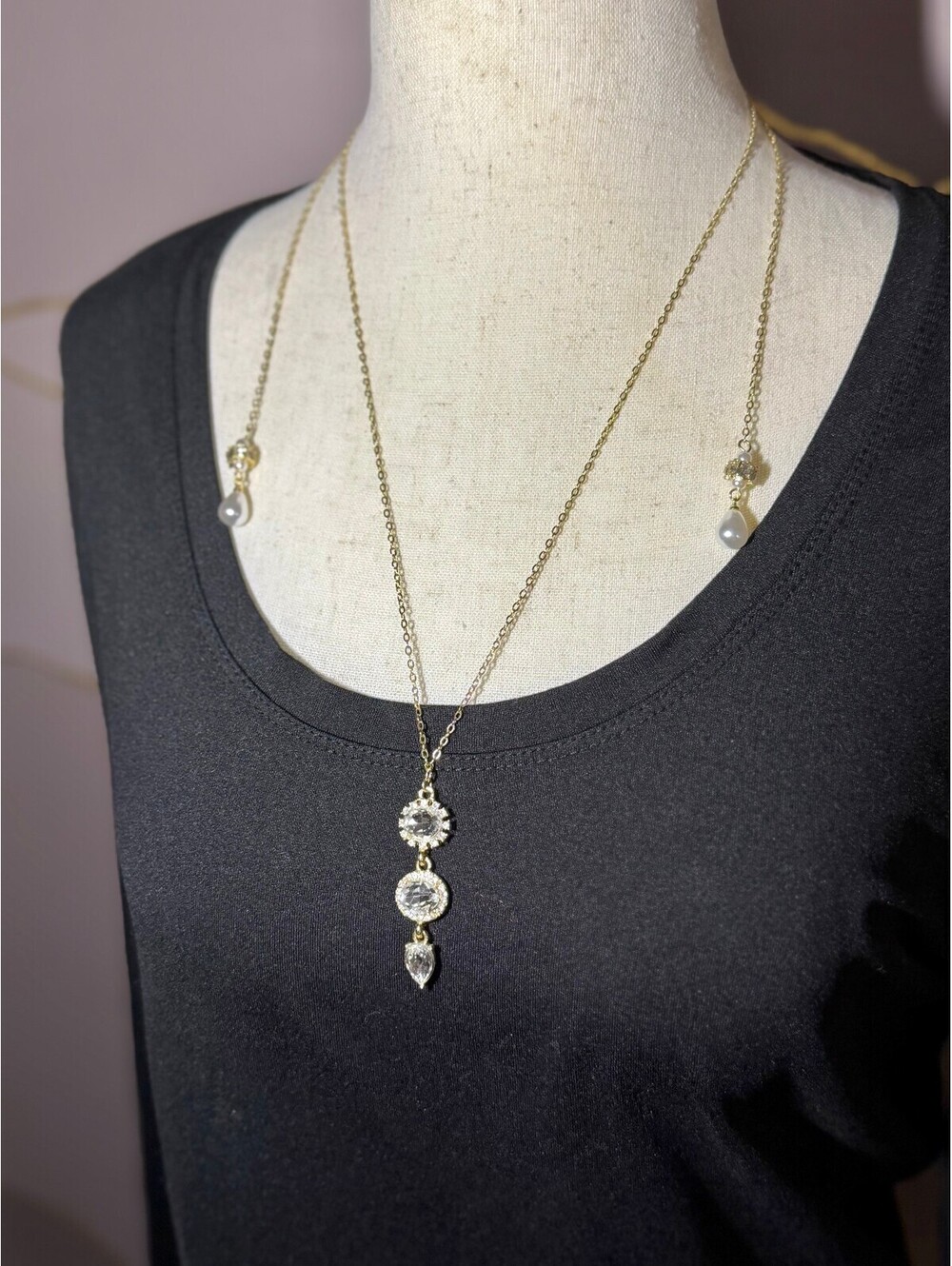 Francesca’s Gold Tone Long Crystal Pendant Necklace Faux Pearl Drop Statement